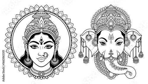 Ornate line art of goddess Durga and lord Ganesha