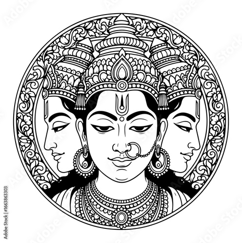 The Hindu triple goddess Tridevi detailed vector illustration