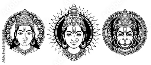 Set of Hindu gods Vishnu Rama and Hanuman vector icons