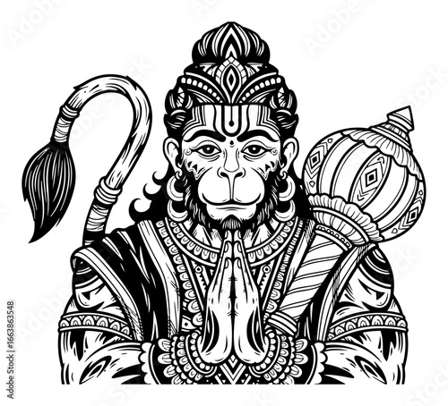 Intricate black and white line art portrait of the Hindu God Hanuman praying