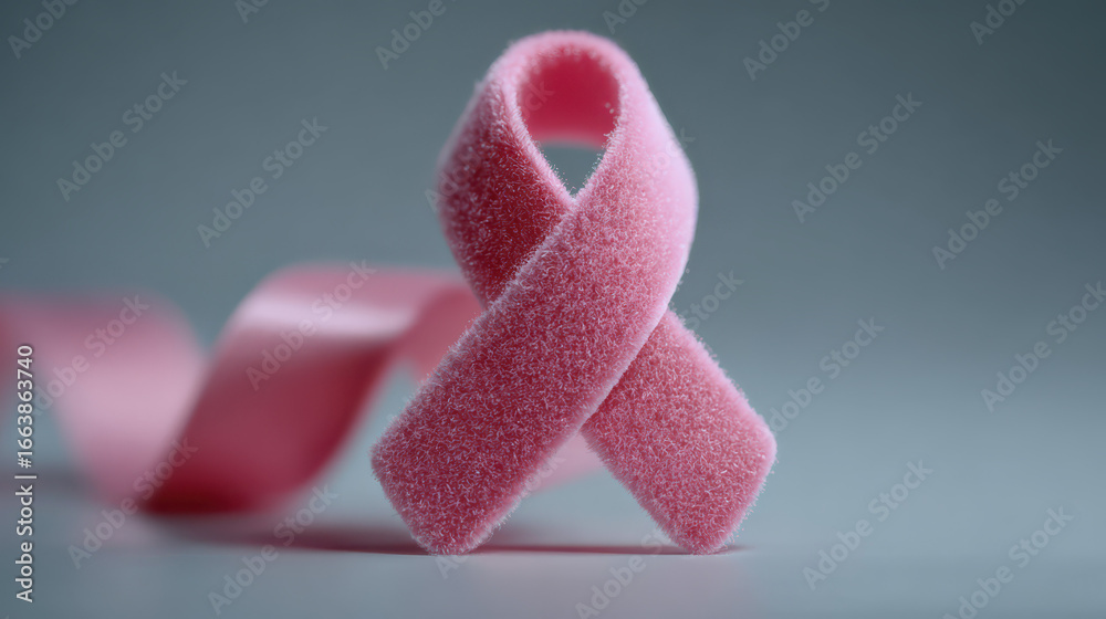 Fototapeta premium Light Gray Background Support the Fighters Ribbon Banner for Breast Cancer Awareness