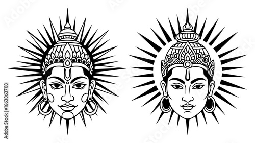 Vector icons of the Hindu god Lord Rama with a divine radiant halo