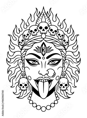Goddess Kali face with flaming skull crown and protruding tongue vector illustration