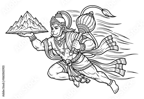 Lord Hanuman carrying mountain vector illustration