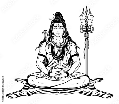 Lord Shiva meditating with trident vector illustration