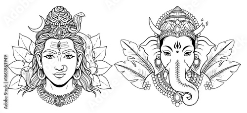 Lord Shiva and Lord Ganesha heads vector illustration