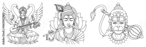 Garuda Saraswati Krishna Hanuman icon set vector illustration