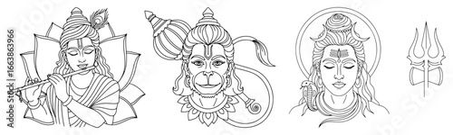 Wallpaper Mural Krishna Hanuman Shiva faces with trishula icon set vector illustration Torontodigital.ca