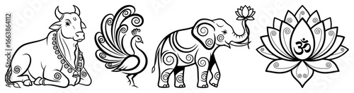 Hindu symbols set with cow peacock elephant and lotus Om line art vector