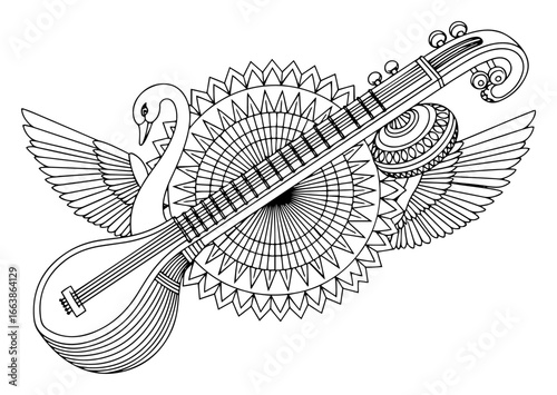 Veena musical instrument with swan and mandala vector illustration