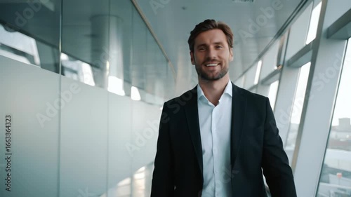Wallpaper Mural Confident businessman in suit walking in modern office. Smiling man in business attire in corporate building hallway, business concept, one person. Torontodigital.ca