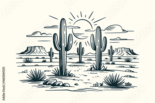 Hand-Sketched Vintage Ink Drawing of Western Desert Illustration with Saguaro Cacti, Mesas, Sun, Clouds, Rocks in Southwestern Style
