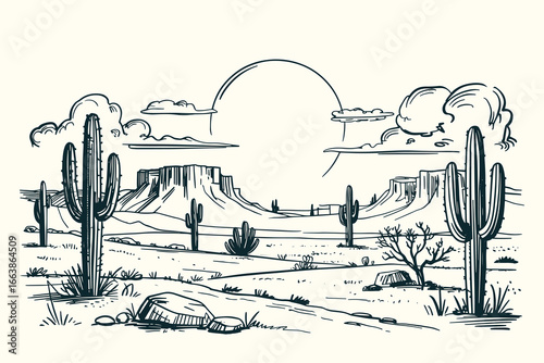 Hand-Sketched Vintage Ink Drawing of Western Desert Illustration with Saguaro Cacti, Mesas, Sun, Clouds, Rocks in Southwestern Style