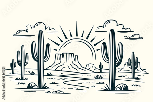 Hand-Sketched Vintage Ink Drawing of Western Desert Illustration with Saguaro Cacti, Mesas, Sun, Clouds, Rocks in Southwestern Style