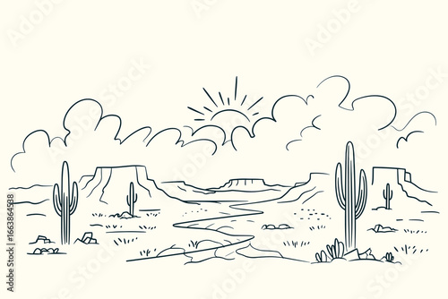 Hand-Sketched Vintage Ink Drawing of Western Desert Illustration with Saguaro Cacti, Mesas, Sun, Clouds, Rocks in Southwestern Style