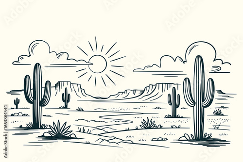 Hand-Sketched Vintage Ink Drawing of Western Desert Illustration with Saguaro Cacti, Mesas, Sun, Clouds, Rocks in Southwestern Style