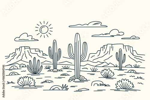 Hand-Sketched Vintage Ink Drawing of Western Desert Illustration with Saguaro Cacti, Mesas, Sun, Clouds, Rocks in Southwestern Style