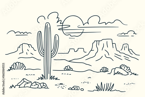 Hand-Sketched Vintage Ink Drawing of Western Desert Illustration with Saguaro Cacti, Mesas, Sun, Clouds, Rocks in Southwestern Style