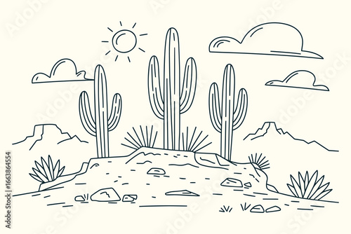 Hand-Sketched Vintage Ink Drawing of Western Desert Illustration with Saguaro Cacti, Mesas, Sun, Clouds, Rocks in Southwestern Style