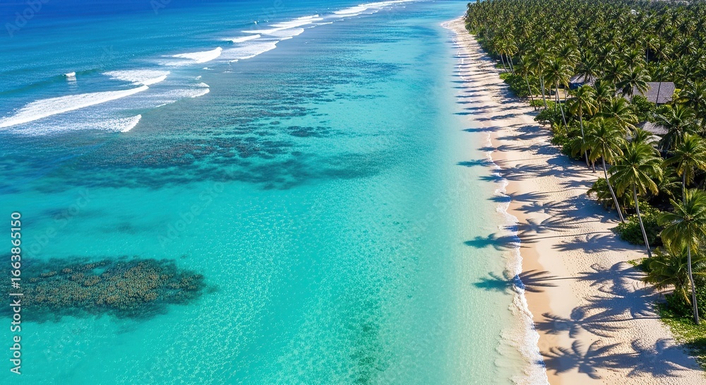 Fototapeta premium Aerial view of a stunning tropical beach with turquoise water, white sand, palm trees, and gentle waves, a perfect vacation destination