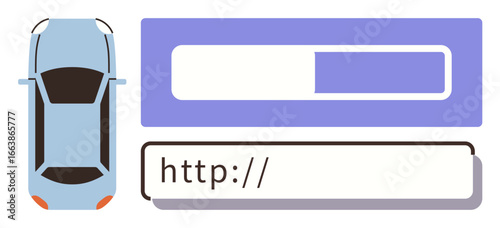 Top-view car beside a search bar and URL input, emphasizing vehicle technology, online search, and connectivity. Ideal for automotive innovation, internet use, smart cars, networking, app design