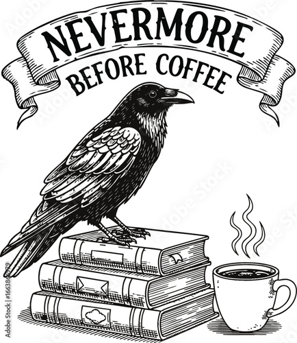Vintage Raven Coffee Illustration – "Nevermore Before Coffee" Pun with Books and Steaming Cup