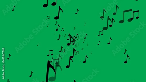 Abstract music notes animation with flowing effect from the center on green screen. 4K animated video perfect for music overlays, backgrounds, and video editing.