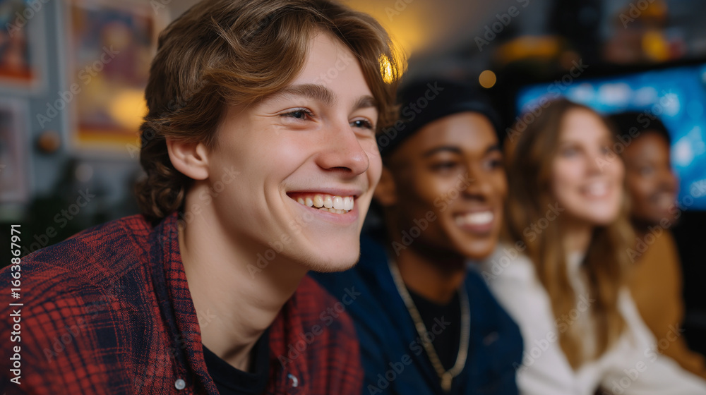 Fototapeta premium Energetic Teen Gamers Enjoying Multiplayer Fun in a Cozy Basement