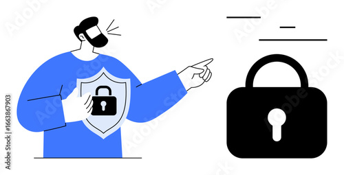 Person wearing shield icon and pointing to padlock, emphasizing data security, privacy, protection. Ideal for cybersecurity, digital safety, technology, online privacy, data encryption information