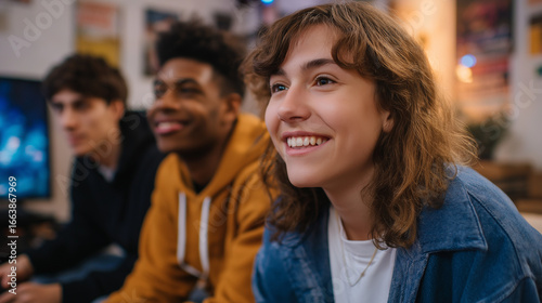 Energetic Teens Enjoying Multiplayer Gaming in Cozy Basement Setup