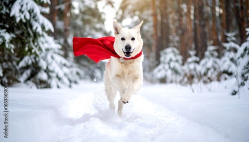 Majestic white shepherd dog running through snowy forest with red cape flowing
