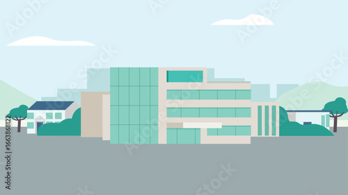 Hospital Building with Green Landscape and Clear Sky