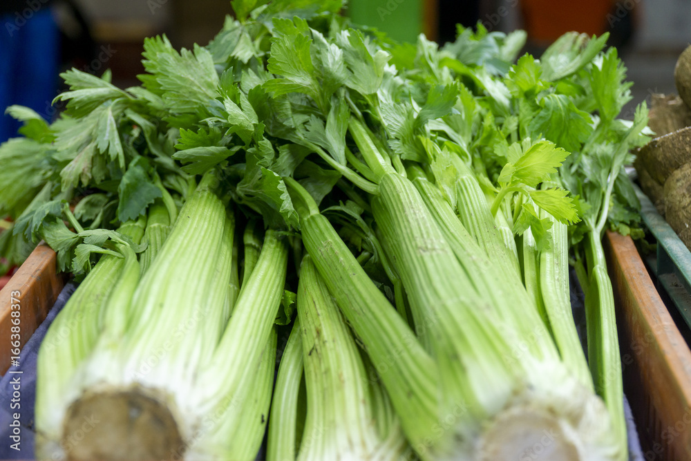 Obraz premium Fresh celery stalks neatly stacked at a market stand.