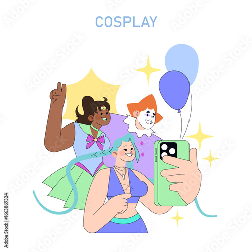 Colorful Cosplay Group Taking a Selfie Vector Illustration