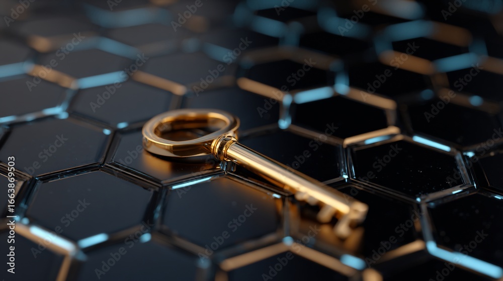 Fototapeta premium Golden key sits on black hexagonal tile background, with soft shallow focus