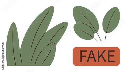 Green leaf clusters contrasted with bold FAKE text highlight themes of authenticity, nature, and deception. Ideal for sustainability, awareness, labeling, branding, education, ethics simple flat