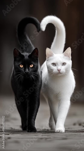 Two cats walking side by side, one pure black cat and one pure white cat, their tails raised and forming a perfect heart shape together, soft depth of field, cinematic black and white background, shar