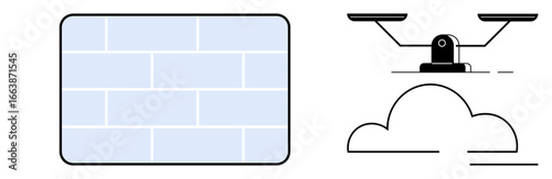 Balance scale floats above a cloud beside a brick wall, contrasting stability, equity, and flexibility. Ideal for law, morality, justice, stability decision-making cloud computing duality. Simple