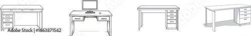 Line drawing of a computer desk on white background with no surrounding environment or objects