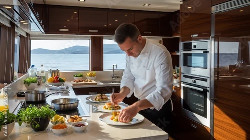 Chef preparing food in boat's galley with sea view, dark cabinets, and modern appliances
