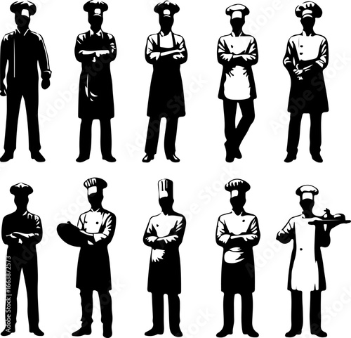 collection of vector sketch design images illustration silhouette chef cooking in 5 star kitchen