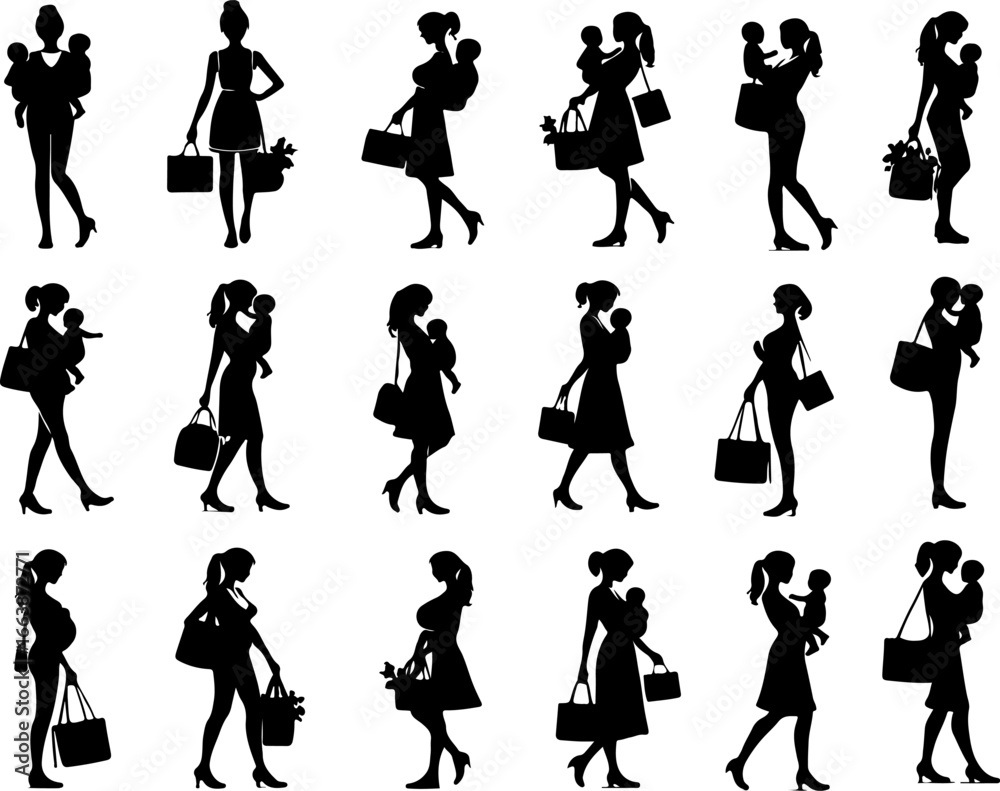 Obraz premium Collection of vector sketches of illustrations of young mothers carrying their children while going to work