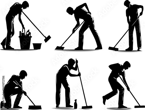 silhouette collection vector illustration design office boy male waiter doing cleaning work