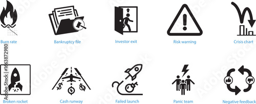 Startup failure and risk icons representing business challenges growth decline and safety concerns vector
