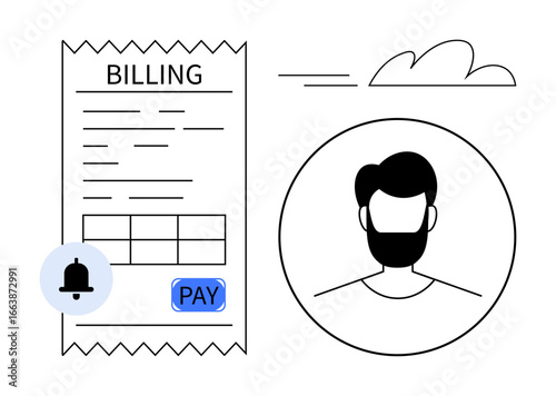 Billing receipt with payment button, notification icon, and user profile in circle. Ideal for finance, app design, invoice management, online payment, notification systems, fintech and customer