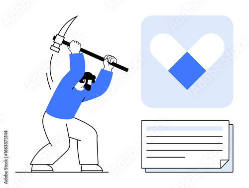 Person striking ground with pickaxe, heart-shaped icon resembling healthcare, and organized documents. Ideal for data mining, health insights, analysis, effort, productivity, research simple flat