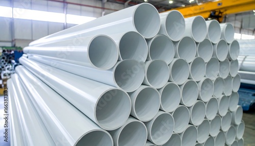 A large stack of white plastic pipes fills an industrial warehouse.