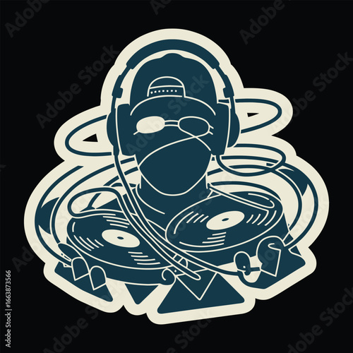 Stylized graphic of a dj wearing headphones and cap holding turntables and vinyl records disc jockey