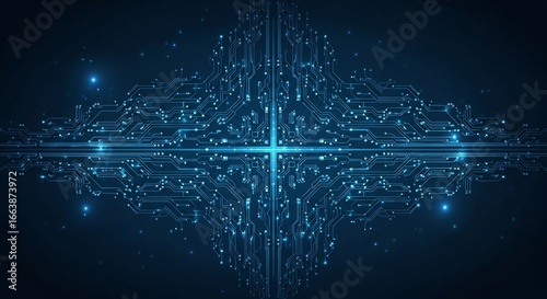 Futuristic Digital Network with Glowing Blue Core and Data Streams.