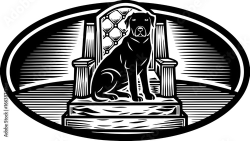 Black dog sitting regally on a throne within an oval frame with horizontal line background design